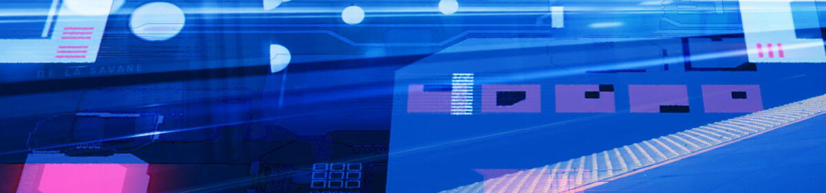 Leuchtende digitale Formen vor einem blauen Hintergrund.